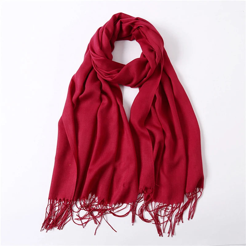 Écharpe tendance pour femme, couleur unie, hijab d'hiver, pompons, long châle, style cachemire, pashmina, bandana