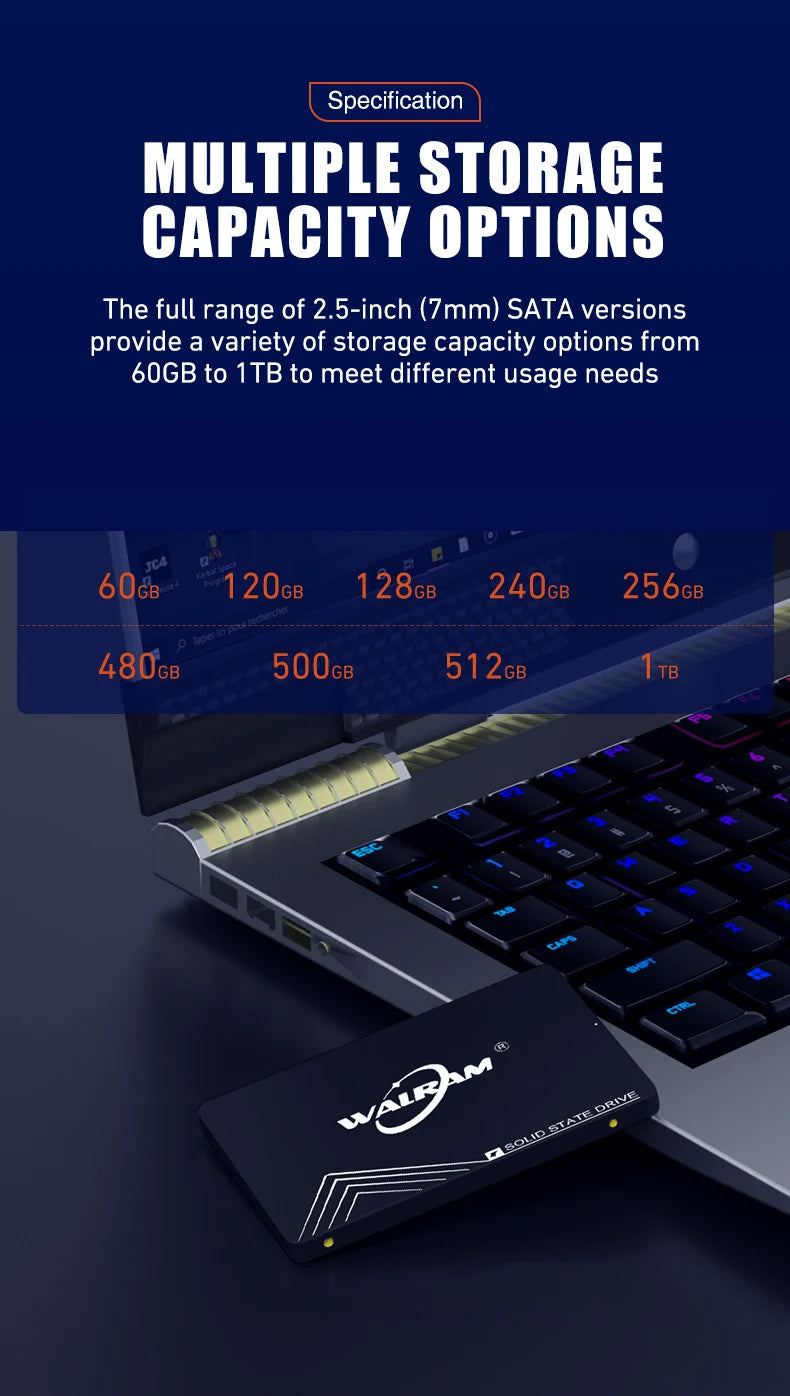 Disque dur SSD Walram 1 To SATA3 SSD 120 Go 240 Go 128 Go 256 Go 480 Go 512 Go 500 Go pour ordinateur portable de bureau