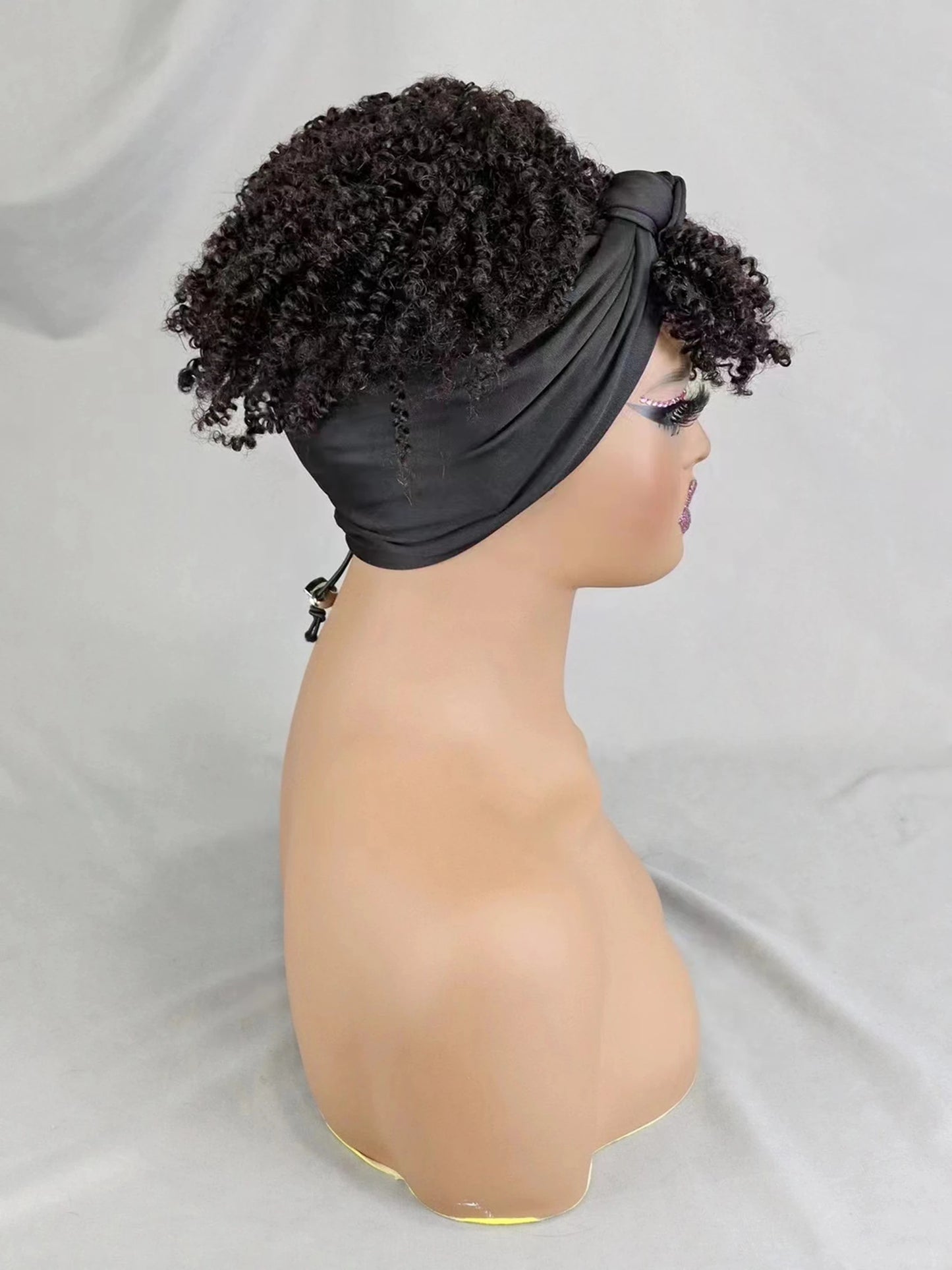 200% Density 1BT30 Afro Kinky Curly Scarf Wig with Bangs Machine Made Wig Curly 100% Human Hair Wig Preplucked for Black Women