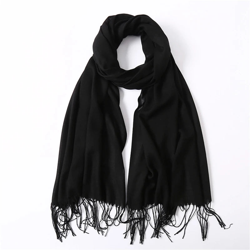 Écharpe tendance pour femme, couleur unie, hijab d'hiver, pompons, long châle, style cachemire, pashmina, bandana