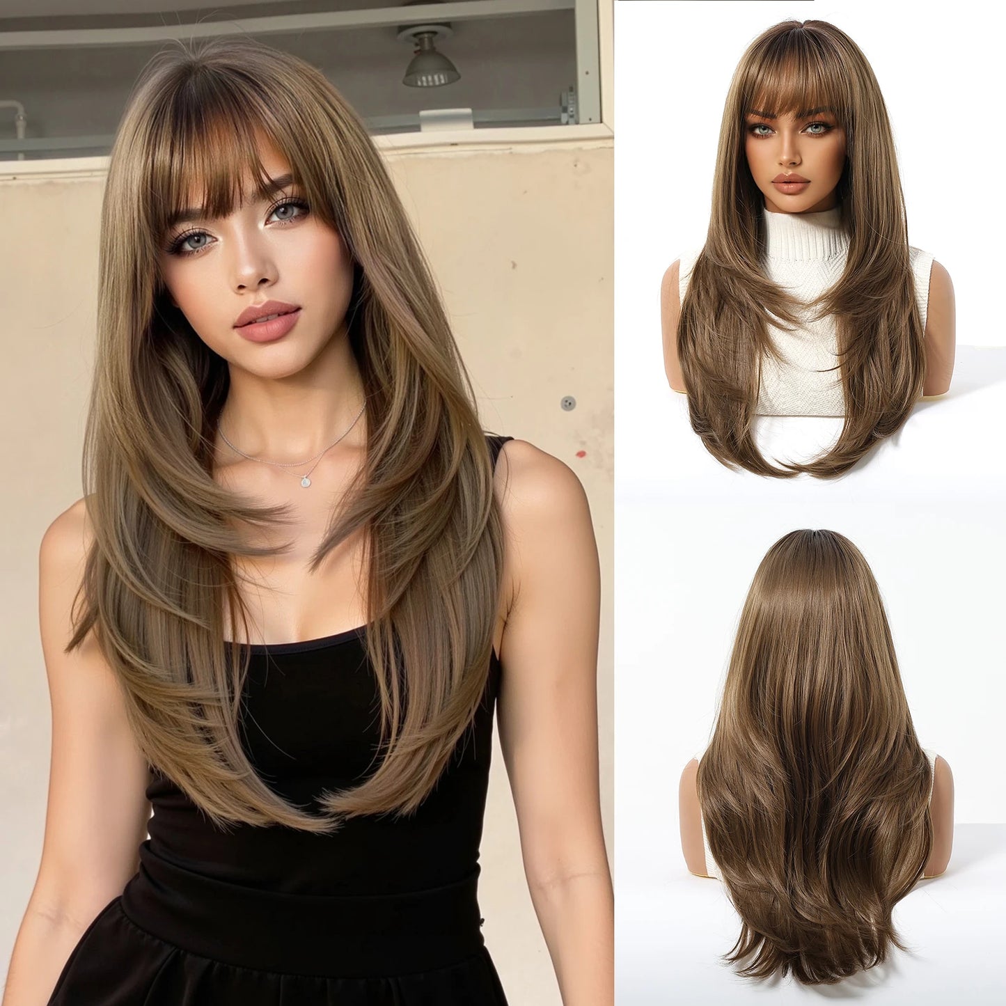 Perruques synthétiques longues blondes EASIHAIR pour femmes, cheveux naturels lisses et dégradés avec frange, résistantes à la chaleur, pour un usage quotidien