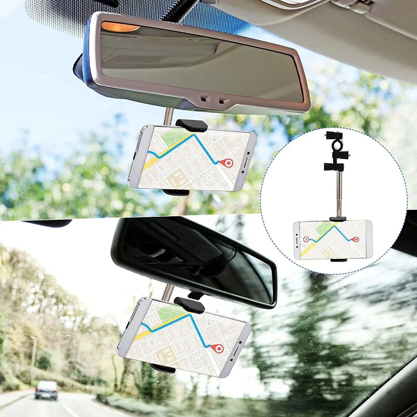 360 Rearview Mirror Car Phone Holder Universal Phone Stand Mount Support GPS Adjustable Bracket Back Seat Mobile Phone Holder