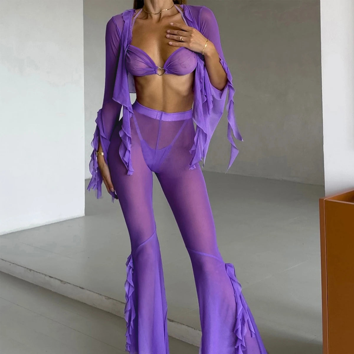 Summer Sexy Four Piece Solid Color Mesh Top Open Skirt Mini Beach Wear Holiday Travel Dress Sexy Long Pants Set