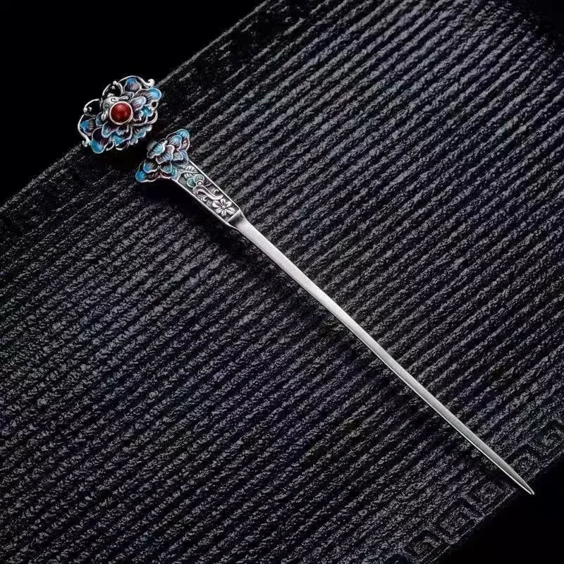 Classic charms enamel Lotus flower blue tiara hair Jewelry 925 silver exquisite ethnic style Hanfu qipao hanfu accessories