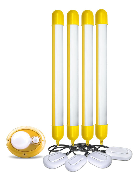 Sunking Solar Home System, Home 500X Four tube lights, a motion sensing security light, and comprehensive smartphone charging