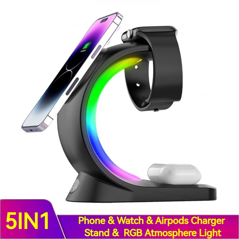 Chargeur magnétique sans fil 4 en 1, charge rapide pour smartphone, station de charge avec lumière d'ambiance pour Airpods Pro, iPhone, montre