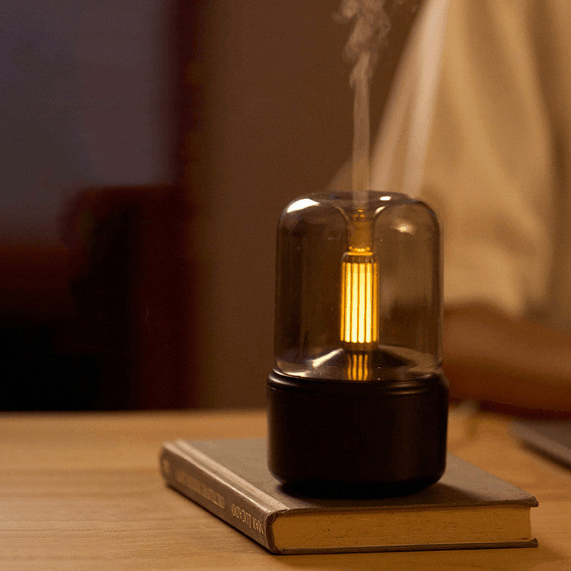 Humidificateur d'ambiance à lumière LED, diffuseur d'arômes aux chandelles, portable, 120 ml, humidificateur d'air électrique USB, brumisateur à brume fraîche, 8 à 12 heures d'autonomie, veilleuse LED