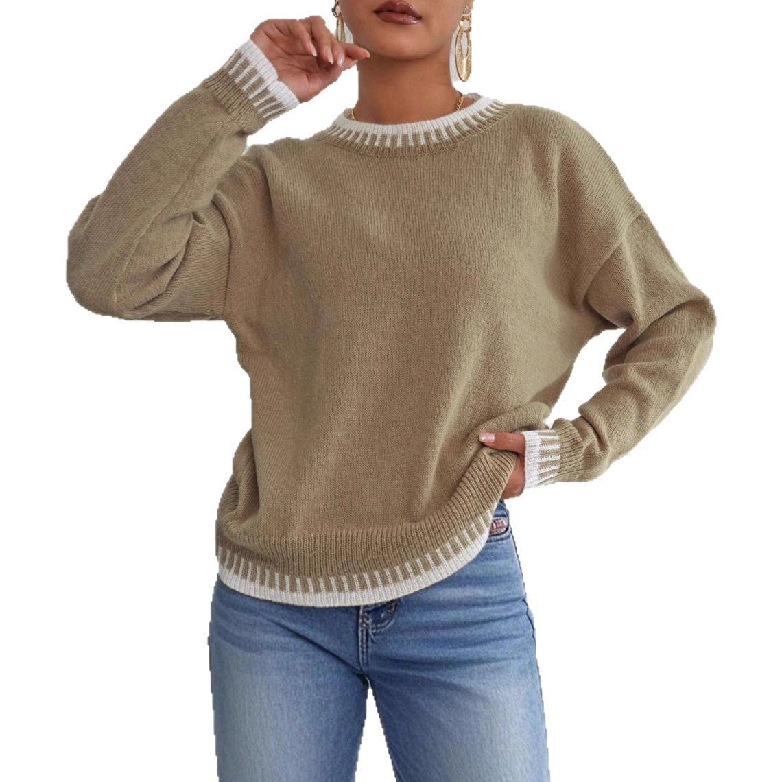 Pull ample à col rond et coutures contrastées pour femme
