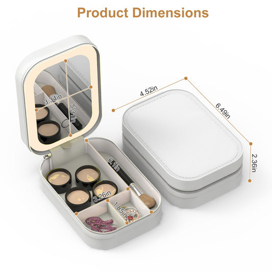 1Pc Portable Travel Makeup Bag With LED Mirror Rechargeable Beauty Mirror With 3 Color Light Dimmable Brightness Waterproof Cosmetic Bag With 4 Compartments Ideal Gift For Women