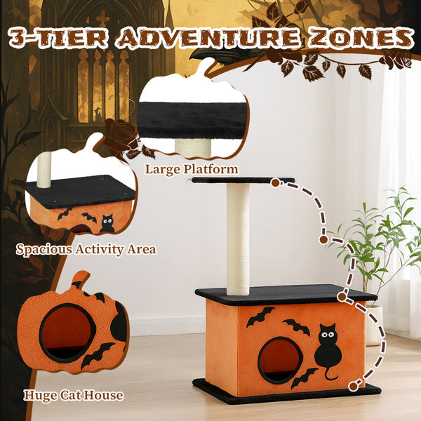 Halloween Cat Tree, Cat Tower Cat Tree For Indoor Cats With Spacious Cat Condo, Large Platform, Sisal Scratching Post, Orange & Black