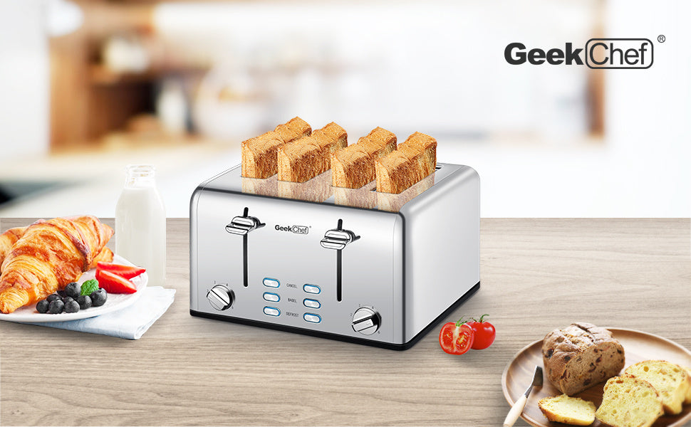 Grille-pain 4 tranches Geek Chef en acier inoxydable à fentes extra-larges avec double panneau de commande pour bagels, décongélation et annulation. Interdiction d'Amazon.