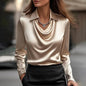Women's Elegant Long Sleeve Blouse - Solid Color Lapel Top With Ruched Chest Detail Office & Casual Wear For Spring Fall