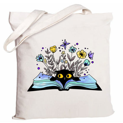 Cartoon Cat Printed Canvas Shoulder Bag Folding Hand Bag