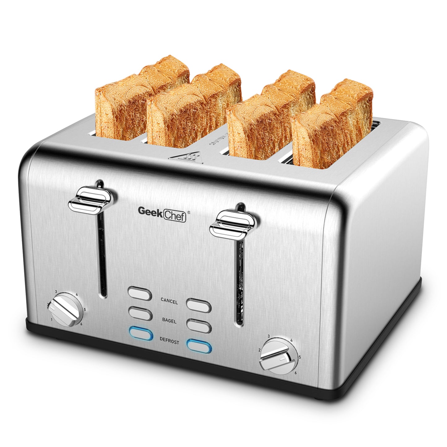 Grille-pain 4 tranches Geek Chef en acier inoxydable à fentes extra-larges avec double panneau de commande pour bagels, décongélation et annulation. Interdiction d'Amazon.