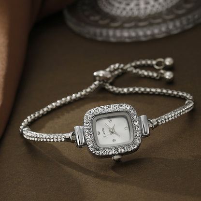 Decorative Alloy All-match Square Rhinestone-encrusted Chain Women's Quartz Bracelet Watch Small Beads Jewelry Suit