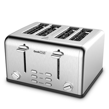 Grille-pain 4 tranches Geek Chef en acier inoxydable à fentes extra-larges avec double panneau de commande pour bagels, décongélation et annulation. Interdiction d'Amazon.