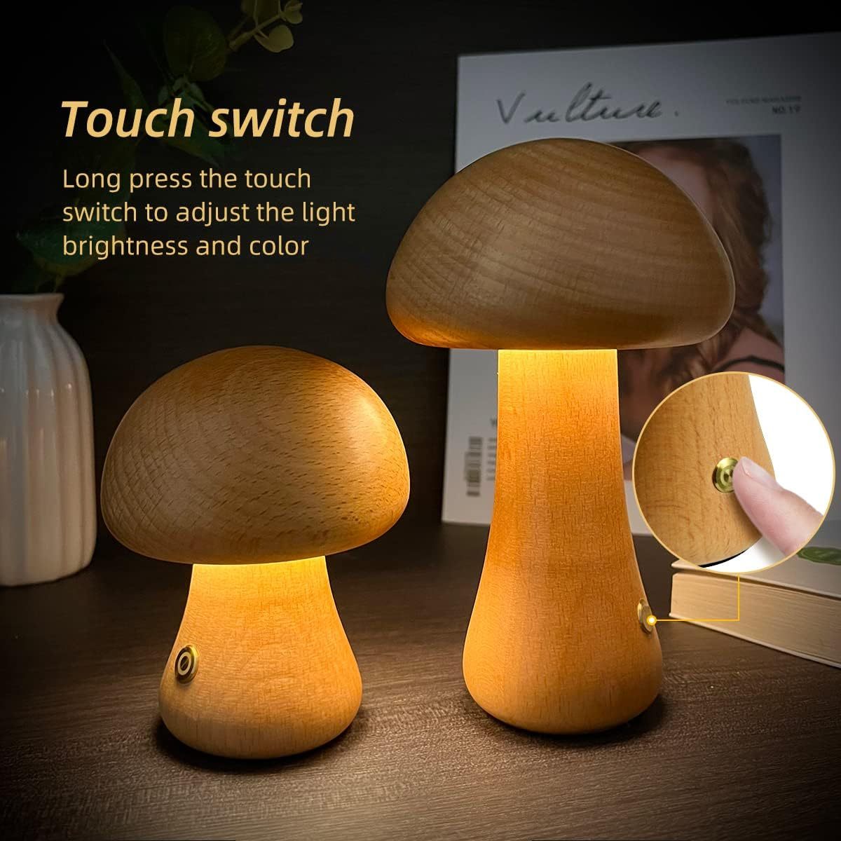 Veilleuse LED en bois en forme de champignon avec interrupteur tactile, idéale pour la chambre d'un enfant ou comme veilleuse décorative