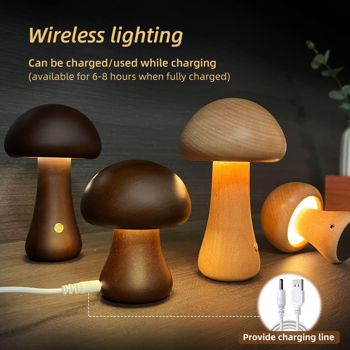 Veilleuse LED en bois en forme de champignon avec interrupteur tactile, idéale pour la chambre d'un enfant ou comme veilleuse décorative
