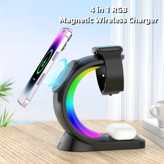 Chargeur magnétique sans fil 4 en 1, charge rapide pour smartphone, station de charge avec lumière d'ambiance pour Airpods Pro, iPhone, montre