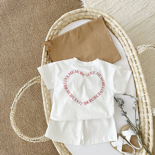 Ensemble deux pièces à manches courtes et imprimé cœur, style coréen, pour bébé garçon et fille