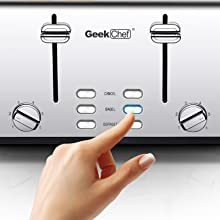Grille-pain 4 tranches Geek Chef en acier inoxydable à fentes extra-larges avec double panneau de commande pour bagels, décongélation et annulation. Interdiction d'Amazon.