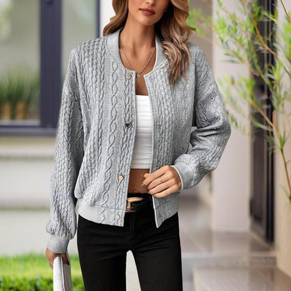 Women's Solid Color Button-Up Long Sleeve Jacket - Ribbed Texture Casual Top For Spring & Fall