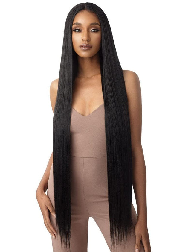36 Inch Length Yaki Straight Lace Front Synthetic Wig Middle Parting HD Clear Glueless Lace Wig Heat Resistant Fiber Pre-Plucked Hairline With Baby Hair Wig For Women Black