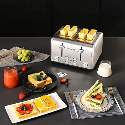 Grille-pain 4 tranches Geek Chef en acier inoxydable à fentes extra-larges avec double panneau de commande pour bagels, décongélation et annulation. Interdiction d'Amazon.