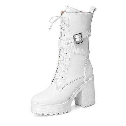 Gdgydh Women Mid-calf Boots Round Toe Thick High Heel Platform Shoes Soft Leather Punk Female Motorcycle Boots Plus Size 34-43