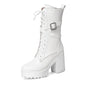 Gdgydh Women Mid-calf Boots Round Toe Thick High Heel Platform Shoes Soft Leather Punk Female Motorcycle Boots Plus Size 34-43
