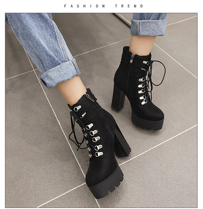 Gdgydh Bottines à boucle de ceinture et talons hauts plateformes, chaussures croisées pour le bureau, bottes d'automne pour femme, style urbain, fermeture éclair, grande taille