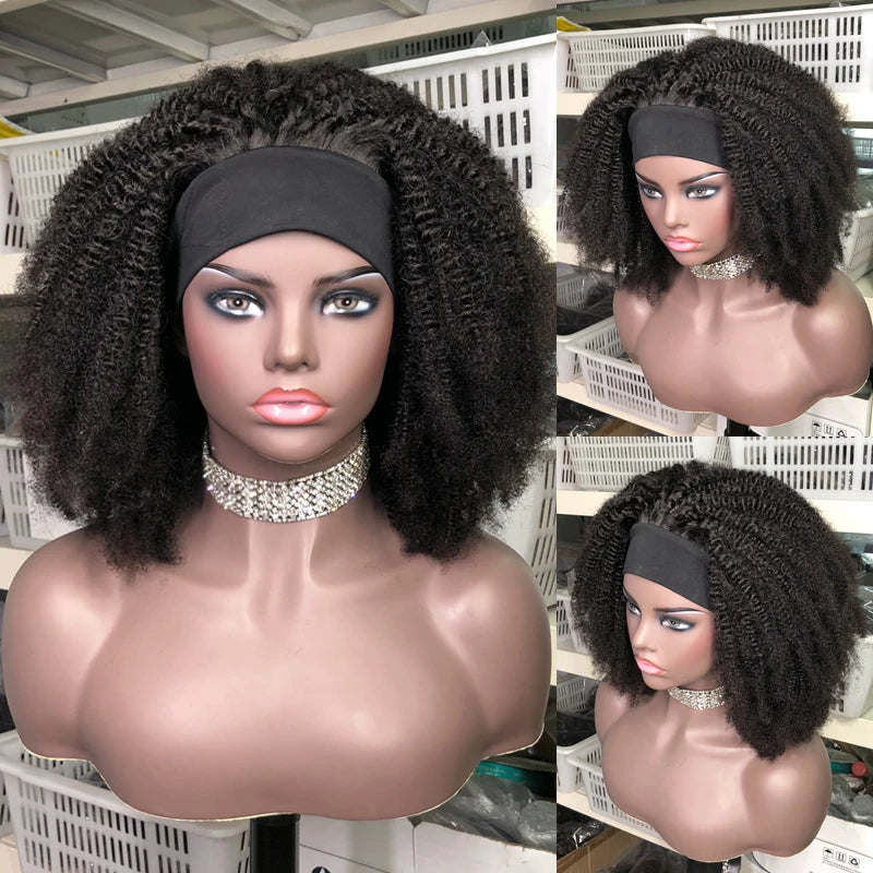 Headband Wig Afro Kinky Curly Wig Human Hair Short Curly Density 250% Full Human Hair Wig With Headband Brazilian Remy