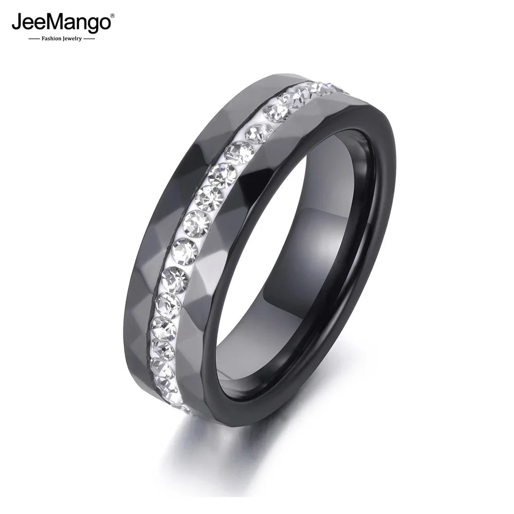 JeeMango Classic White & Black Ceramics Rings Jewelry Clay Rhinestones Wedding Engagement Rings For Women Anneaux Halka JR18145