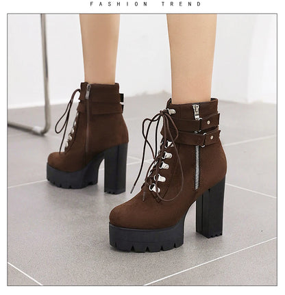 Gdgydh Bottines à boucle de ceinture et talons hauts plateformes, chaussures croisées pour le bureau, bottes d'automne pour femme, style urbain, fermeture éclair, grande taille