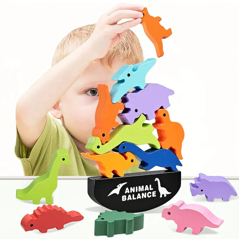 New Children Montessori Wooden Animal Balance Blocks Board Games Toy Dinosaur Educational Stacking High Building Block Wood Toy