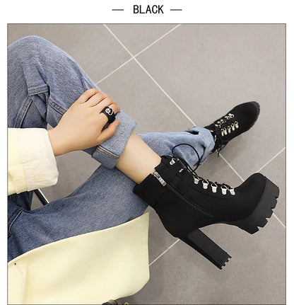 Gdgydh Bottines à boucle de ceinture et talons hauts plateformes, chaussures croisées pour le bureau, bottes d'automne pour femme, style urbain, fermeture éclair, grande taille