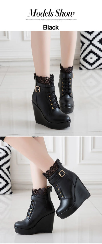 Gdgydh – Bottines compensées noires à lacets pour femme, chaussures de mariée, style gothique et punk