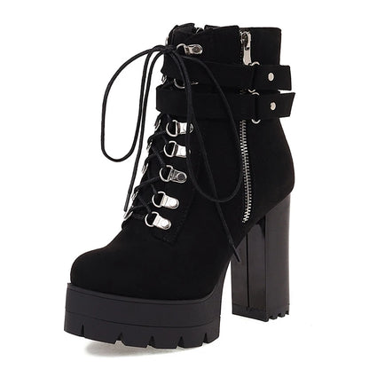Gdgydh Bottines à boucle de ceinture et talons hauts plateformes, chaussures croisées pour le bureau, bottes d'automne pour femme, style urbain, fermeture éclair, grande taille