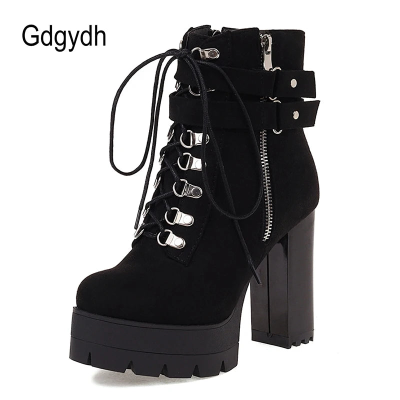 Gdgydh Bottines à boucle de ceinture et talons hauts plateformes, chaussures croisées pour le bureau, bottes d'automne pour femme, style urbain, fermeture éclair, grande taille