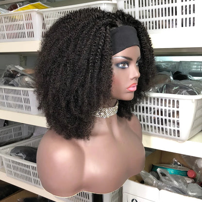 Headband Wig Afro Kinky Curly Wig Human Hair Short Curly Density 250% Full Human Hair Wig With Headband Brazilian Remy
