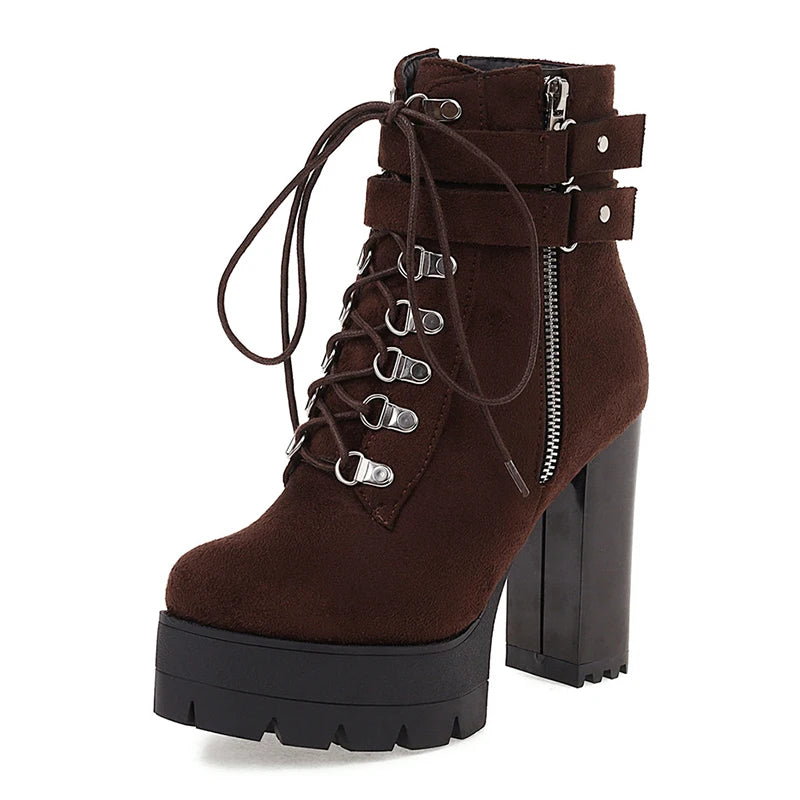 Gdgydh Bottines à boucle de ceinture et talons hauts plateformes, chaussures croisées pour le bureau, bottes d'automne pour femme, style urbain, fermeture éclair, grande taille