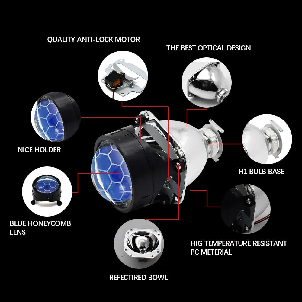 Lot de 2 lentilles de projecteur Bi Xenon Hid à revêtement bleu football avec réglage Devil Eyes pour phares H1 H4 H7, kit d'assemblage pour voiture et moto