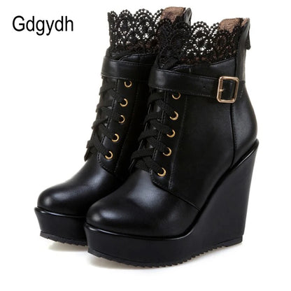Gdgydh – Bottines compensées noires à lacets pour femme, chaussures de mariée, style gothique et punk