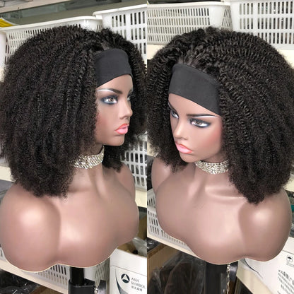 Headband Wig Afro Kinky Curly Wig Human Hair Short Curly Density 250% Full Human Hair Wig With Headband Brazilian Remy