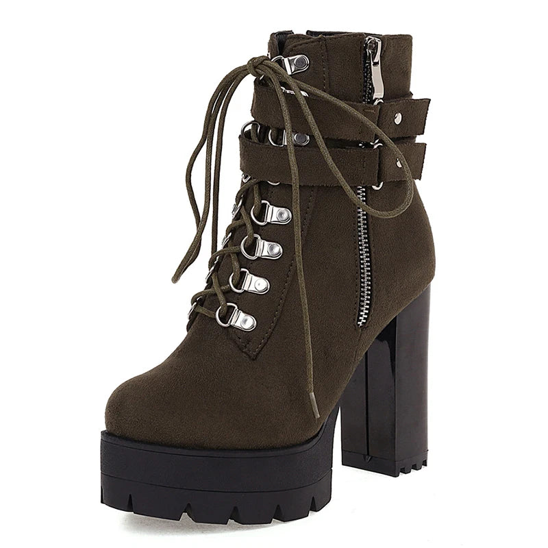 Gdgydh Bottines à boucle de ceinture et talons hauts plateformes, chaussures croisées pour le bureau, bottes d'automne pour femme, style urbain, fermeture éclair, grande taille