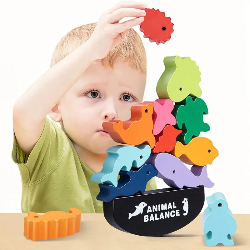 New Children Montessori Wooden Animal Balance Blocks Board Games Toy Dinosaur Educational Stacking High Building Block Wood Toy