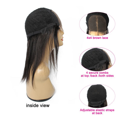 4x4 Lace Closure Wig Black Color Straight Remy Indian Human Hair Wigs 12 14 16 18 Inches 250 Density Short Extension for Women
