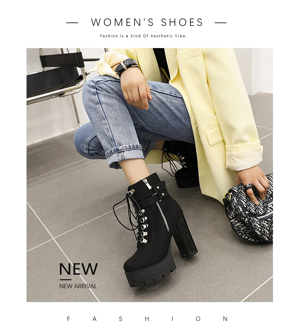 Gdgydh Bottines à boucle de ceinture et talons hauts plateformes, chaussures croisées pour le bureau, bottes d'automne pour femme, style urbain, fermeture éclair, grande taille