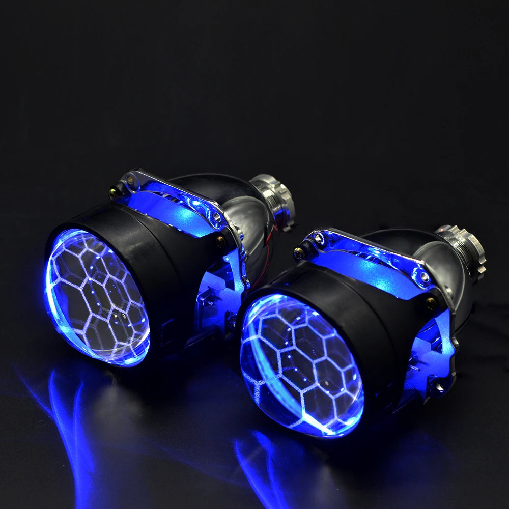 Lot de 2 lentilles de projecteur Bi Xenon Hid à revêtement bleu football avec réglage Devil Eyes pour phares H1 H4 H7, kit d'assemblage pour voiture et moto