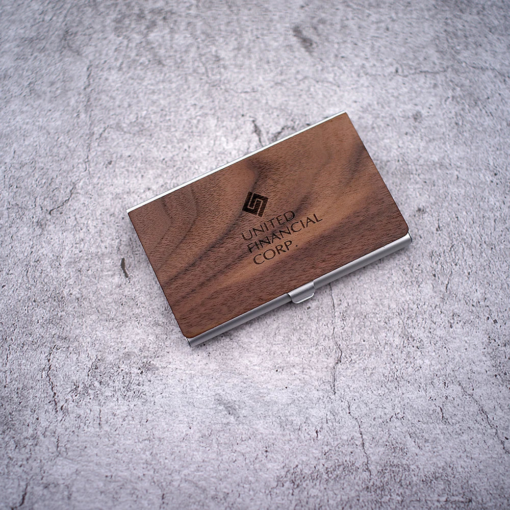 Personalized Wooden Business Card Holder - Custom Logo Wood & Metal Case for Men and Women - Perfect Gift